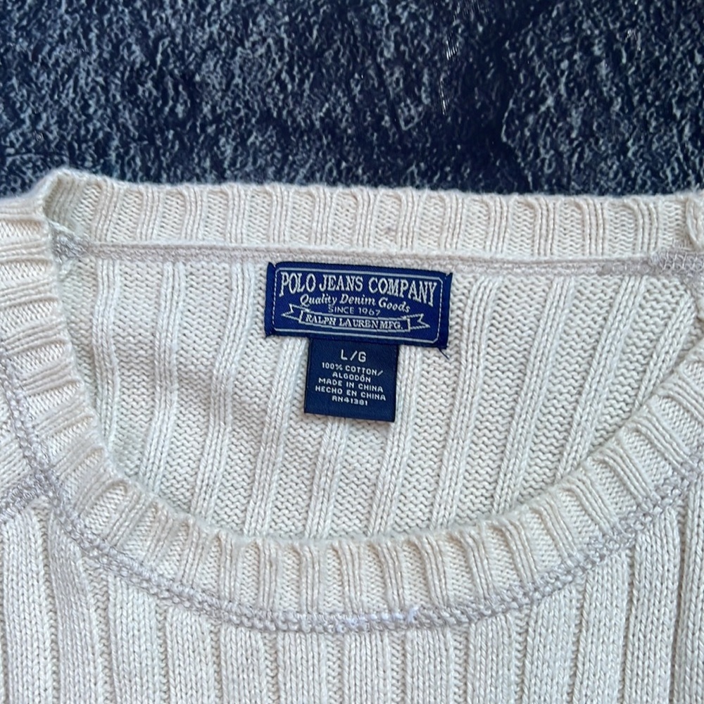 Polo by Ralph Lauren 100% cotton cream men’s ribbed crew neck sweater szL - Picture 3 of 3